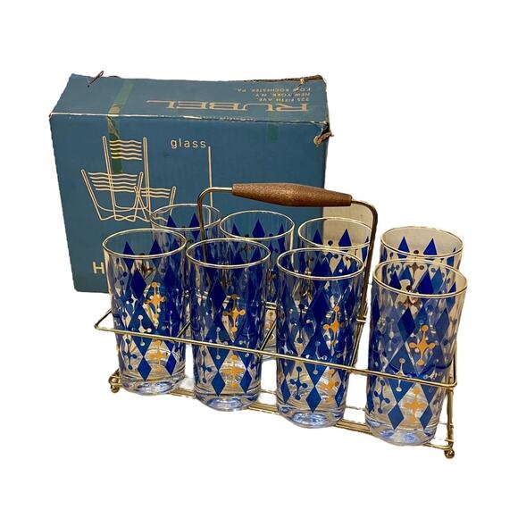 MCM Vintage Highball Glasses Blue Diamond Set of 8 With Cabby - Picture 3 of 7